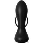 Anneau pénien et plug anal vibrant en silicone noir vus de profil, surface lisse non réaliste et anneau de tirage, combiné rechargeable pour le jeu en couple.