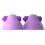 Duo de suceurs de tétons Suck-Her en silicone violet, vue de profil montrant le moteur vibrant