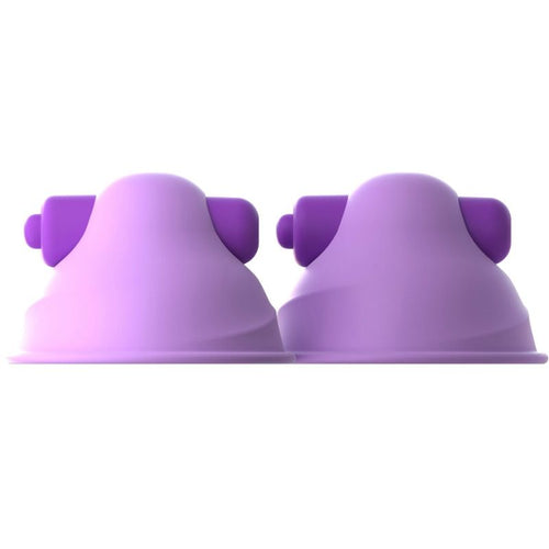 Duo de suceurs de tétons Suck-Her en silicone violet, vue de profil montrant le moteur vibrant