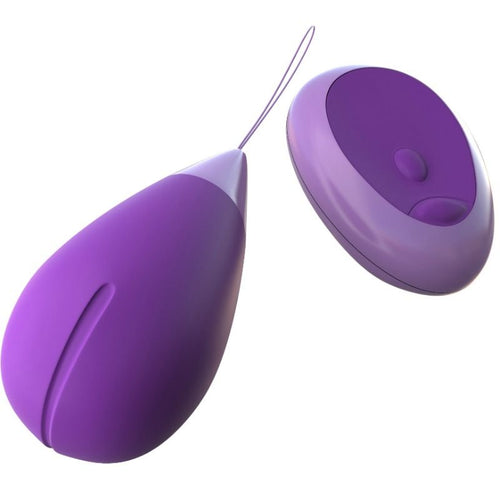 Boule kegel connectée violette en forme de goutte avec cordon de retrait, et sa télécommande ovale sans fil, vue de trois quarts