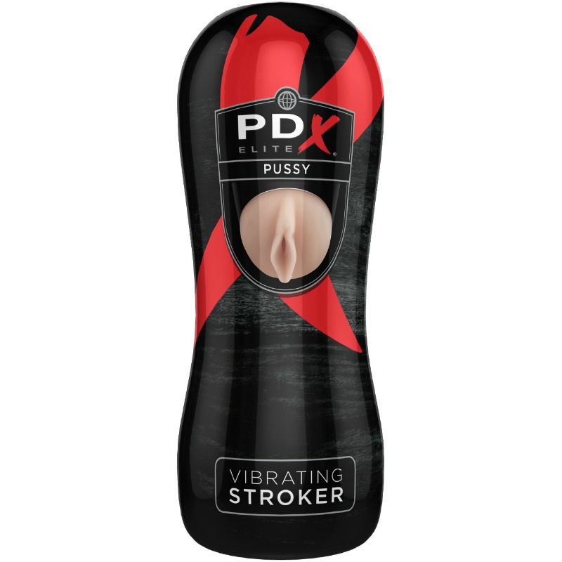 Boîtier noir du stroker vu de face, fenêtre ovale « PDX Elite Pussy » laissant voir l'orifice vaginal
