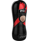 Boîtier noir du stroker vu de face sous un angle légèrement différent, fenêtre « PDX Elite Pussy »