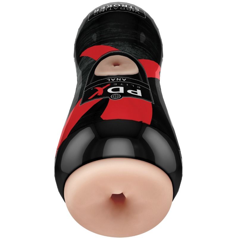 Étui PDX Elite Vibrating Stroker Anal vu de dessus, orifice couleur chair visible dans l'ouverture ovale