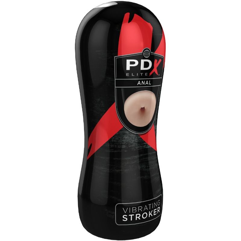 Boîtier noir du stroker vu de face, bandeau rouge et fenêtre ovale « PDX Elite Anal » laissant voir l'orifice