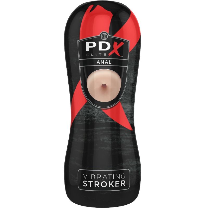 Boîtier noir du stroker vu de face sous un angle légèrement différent, fenêtre « PDX Elite Anal » et mention Vibrating Stroker