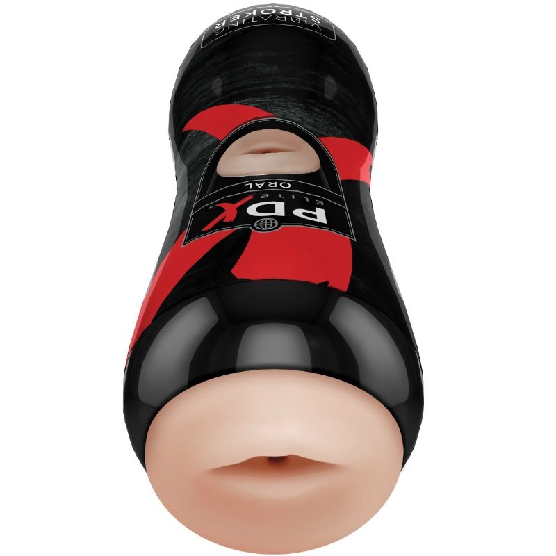 Étui PDX Elite Vibrating Stroker vu de dessus, orifice buccal couleur chair visible dans l'ouverture ovale « Oral »