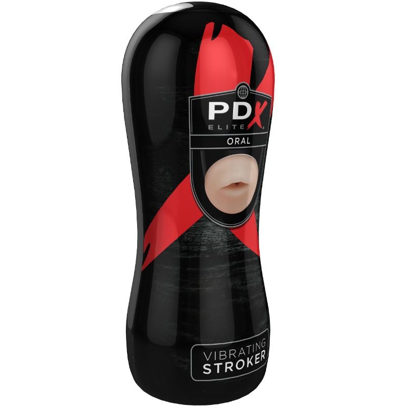 Boîtier noir du stroker vu de face, fenêtre ovale « PDX Elite Oral » laissant voir l'orifice buccal