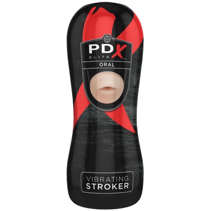 Boîtier noir du stroker vu de face sous un angle légèrement différent, fenêtre « PDX Elite Oral »