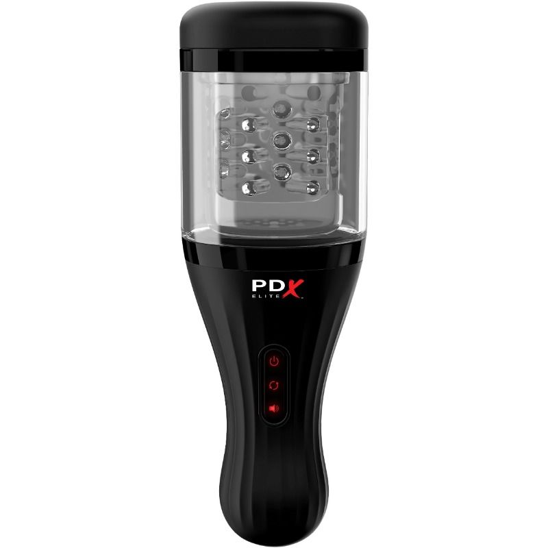 Rotobateur PDX Elite vu de face en gros plan, fenêtre transparente sur le manchon strié et logo PDX Elite