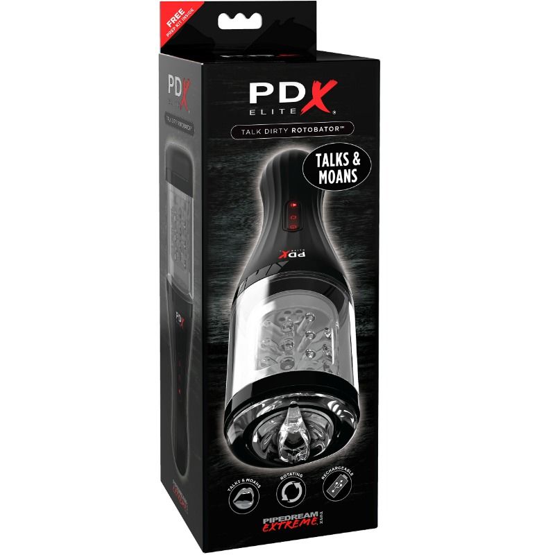Boîte du PDX Elite Talk Dirty Rotobator, mention « Talks & Moans », rotatif et rechargeable