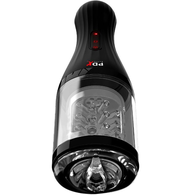 Rotobateur PDX Elite vu de face, fenêtre transparente laissant voir le manchon intérieur texturé, boutons de commande rouges sur la poignée