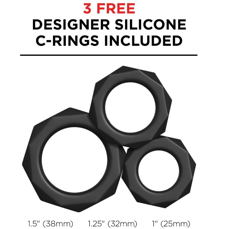 Visuel promotionnel montrant 3 anneaux péniens en silicone noir de tailles différentes (38, 32 et 25 mm) offerts en cadeau — ne représente pas le rotobateur lui-même