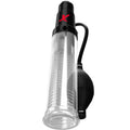 Pompe PDX Elite Suck-N-Pump vue de face légèrement inclinée, cylindre transparent gradué et poire de pompe noire
