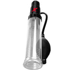 Pompe PDX Elite Suck-N-Pump vue de face légèrement inclinée, cylindre transparent gradué et poire de pompe noire