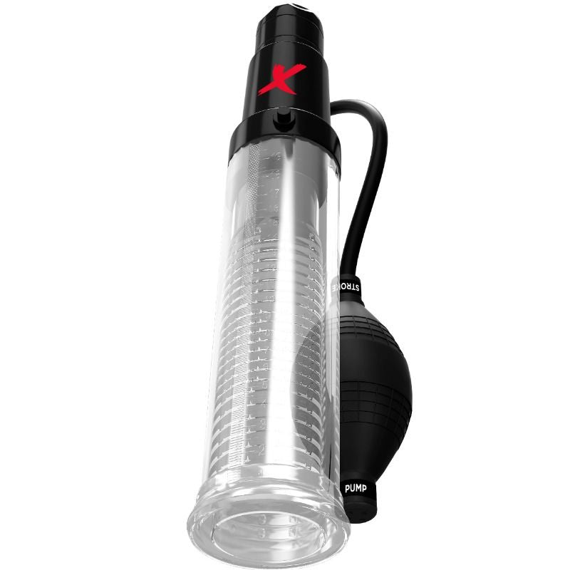 Pompe PDX Elite Suck-N-Pump vue de face légèrement inclinée, cylindre transparent gradué et poire de pompe noire