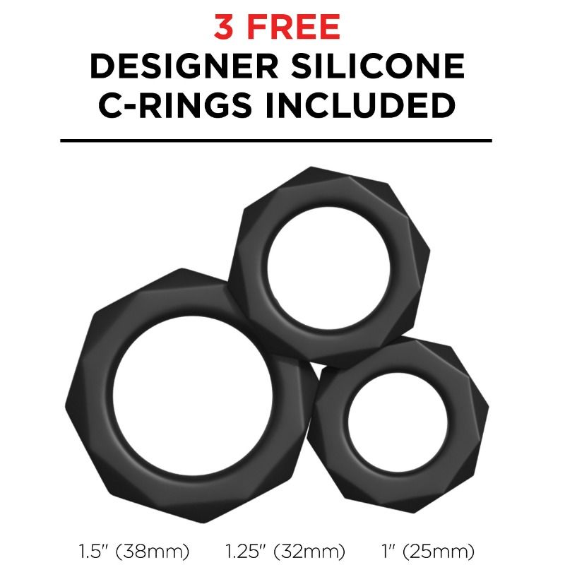 Visuel promotionnel montrant 3 anneaux péniens en silicone noir de tailles différentes (38, 32 et 25 mm) offerts en cadeau — ne représente pas le Suck-N-Pump lui-même