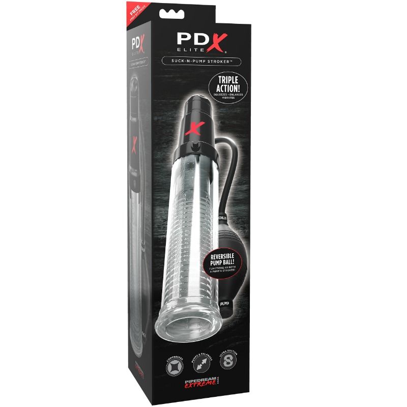 Boîte du PDX Elite Suck-N-Pump Stroker, mention « Triple Action » et poire de pompe réversible