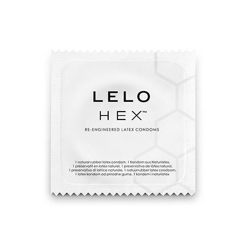 Sachet blanc Lelo Hex latex de face, preservatif individuel en latex naturel a maillage hexagonal, emballage epure sans visuel anatomique.