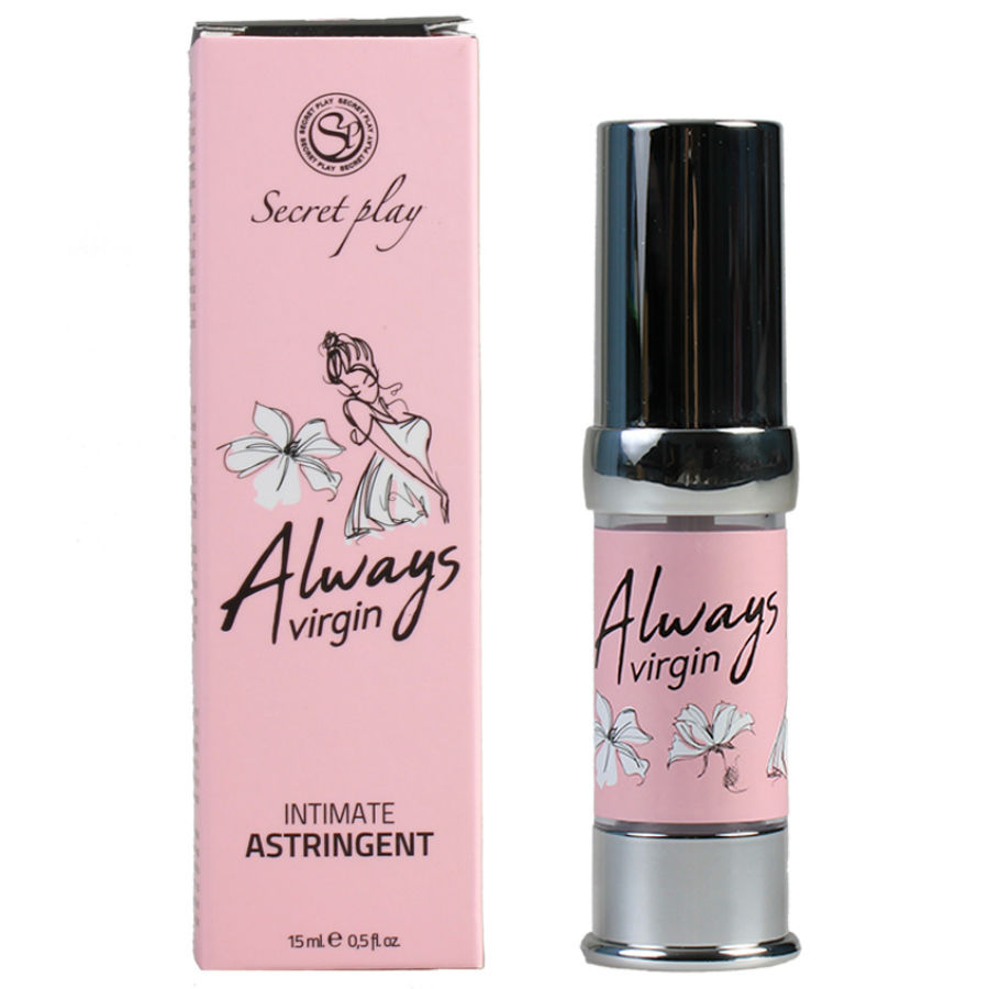 Astringent intime Always Virgin Secret Play, flacon airless et etui rose a illustration feminine stylisee, sensation de resserrement vaginal, presentation produit et packaging.