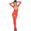 Combinaison integrale en resille rouge a motif floral portee, ouvertures poitrine et entrejambe devoilant le corps, jambes gainees et talons, Passion.