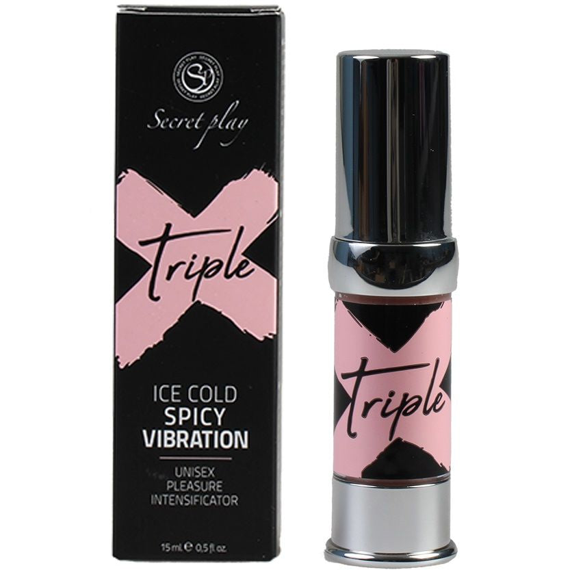 Gel intensificateur Triple X de Secret Play, flacon airless et boite noire effet froid epice vibration, gel unisexe triple sensation, vue produit et packaging sur fond clair.