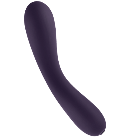 Vibrateur Uma violet foncé posé en S, longue tige souple et courbée en silicone mat à pointe arrondie, objet sobre et galbé signé Je Joue, aucune anatomie.