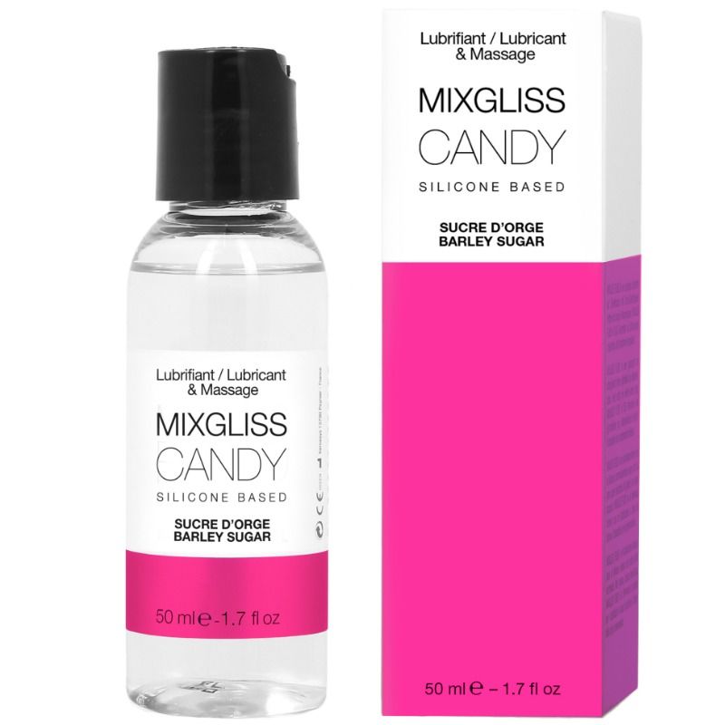 Flacon transparent et boite rose Mixgliss Candy, lubrifiant silicone parfum sucre d'orge 50 ml, cote a cote, formule 2 en 1 lubrifiant et huile de massage soyeuse