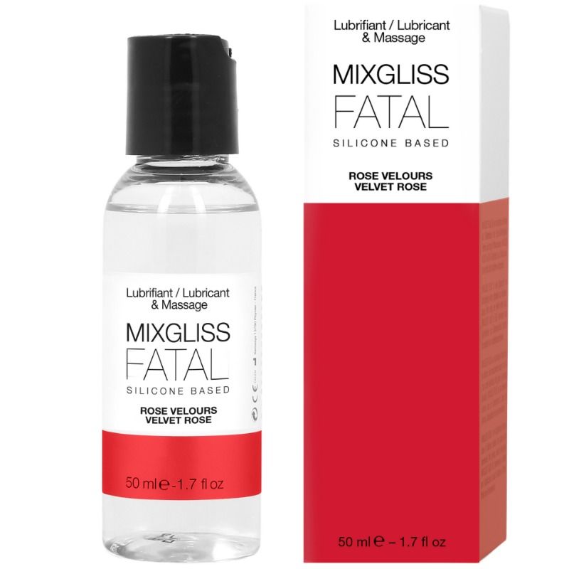 Flacon transparent et boite rouge Mixgliss Fatal, lubrifiant silicone parfum rose velours 50 ml, cote a cote, formule 2 en 1 lubrifiant et huile de massage longue duree