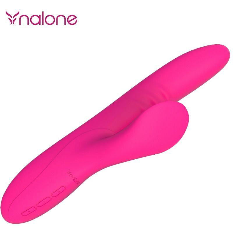 Vibromasseur Peri Nalone rose a l'horizontale : corps compact et langue flexible stimulante en silicone, mode oscillant et commandes a la base, rechargeable.