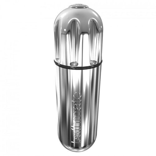 Balle vibrante clitoridienne Bathmate Vibe en finition métal argenté brillant cannelé avec anneau de réglage, mini vibromasseur rechargeable à 10 modes.
