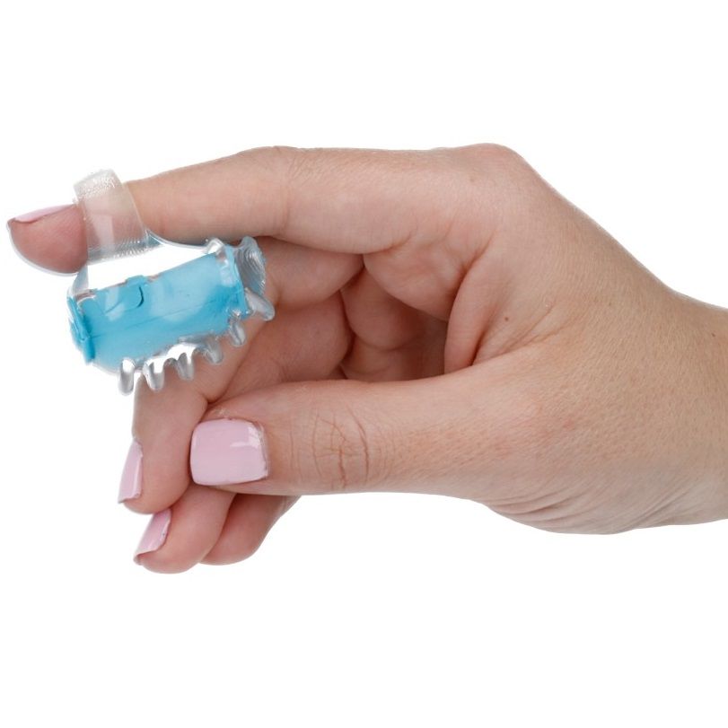 Stimulateur doigt vibrant texturé bleu — vue de profil
