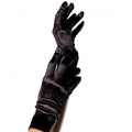 Gant noir en satin lustre Leg Avenue, coupe courte au poignet, porte sur une main, accessoire elegant et raffine pour une mise en beaute.