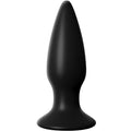 Petit plug anal en silicone noir à pointe conique et base d'appui plate, surface lisse non réaliste, modèle vibrant et rechargeable pensé pour débuter en douceur.