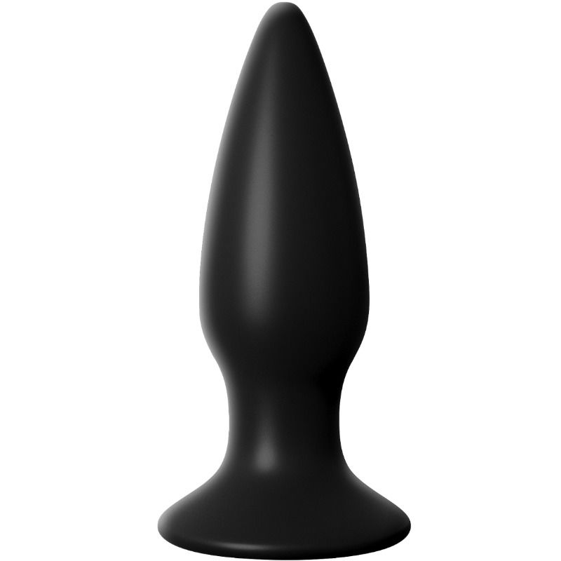 Petit plug anal en silicone noir à pointe conique et base d'appui plate, surface lisse non réaliste, modèle vibrant et rechargeable pensé pour débuter en douceur.