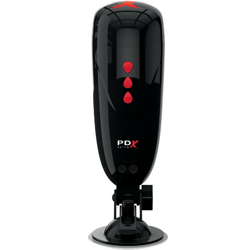 Masturbateur PDX Elite vu de face posé sur sa ventouse, boutons de commande rouges et logo PDX Elite