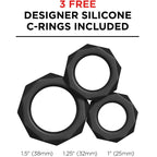 Visuel promotionnel montrant 3 anneaux péniens en silicone noir de tailles différentes (38, 32 et 25 mm) offerts en cadeau — ne représente pas le masturbateur lui-même