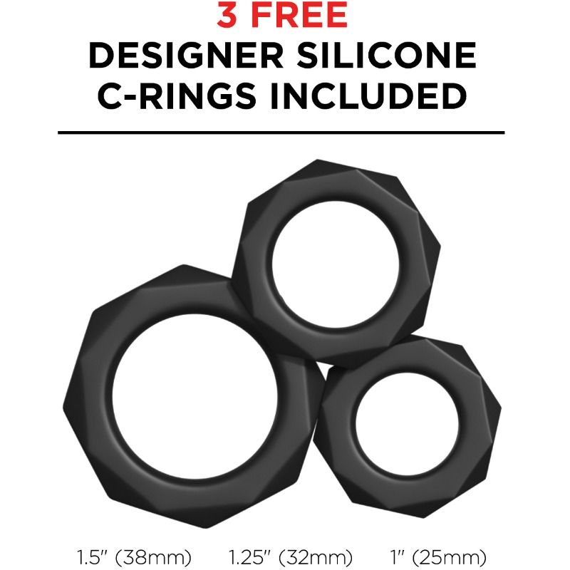 Visuel promotionnel montrant 3 anneaux péniens en silicone noir de tailles différentes (38, 32 et 25 mm) offerts en cadeau — ne représente pas le masturbateur lui-même