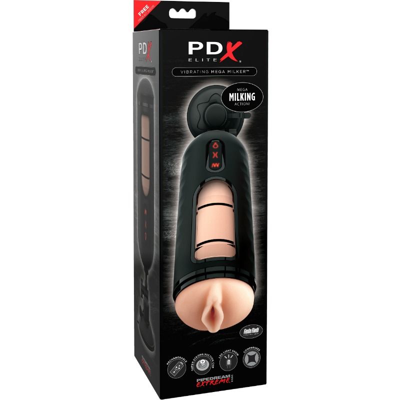 Boîte du PDX Elite Vibrating Mega Milker, mention « Mega Milking Action »