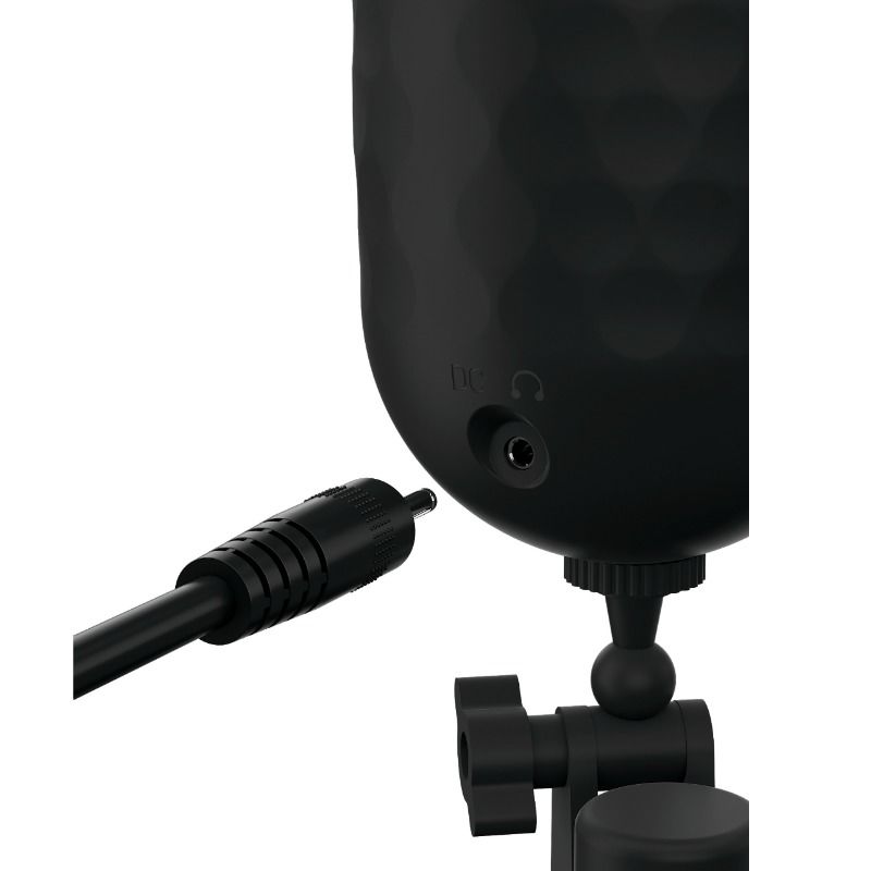 Gros plan sur la ventouse articulée à rotule et les prises casque/charge à la base, câble de recharge présenté à côté