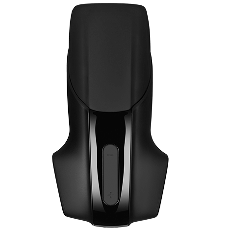 Masturbateur vibrant Satisfyer Men en silicone noir vu de face avec rainure centrale et boutons, coque ergonomique non anatomique, deux moteurs, 11 programmes, submersible.
