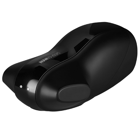Masturbateur vibrant Satisfyer Men noir couche vu de trois quarts, coque ergonomique a deux boutons, finition lisse non anatomique, deux moteurs et 11 programmes, submersible.