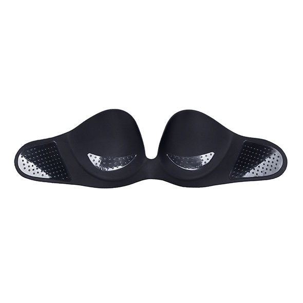 Soutien-gorge adhesif Gala noir vu de dos a plat, faces auto-adhesives texturees et armatures visibles, coupelles push-up sans bretelles reutilisables Bye Bra.