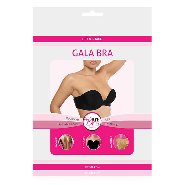 Soutien-gorge adhesif Gala noir porte de trois quarts sur buste nu, balconnet push-up sans bretelles, modele bras leve illustrant l'effet galbe et le maintien.
