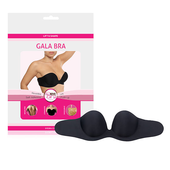 Pochette Gala Bra Bye Bra avec coupelles noires push-up presentees devant, balconnet adhesif sans bretelles a armatures, version reutilisable auto-adhesive.
