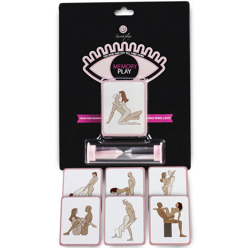 Jeu de memoire coquin Secret Play sous blister, cartes illustrant des positions de couple dessinees, sablier inclus, jeu inspire du Memory en version erotique pour deux.