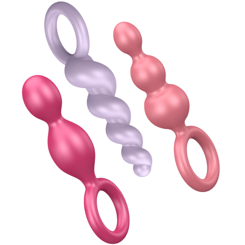 Trio de plugs anaux Satisfyer Booty Call en silicone, chapelets de perles dégradées rose, lilas et corail avec anneau de retrait, set de découverte anale progressive.