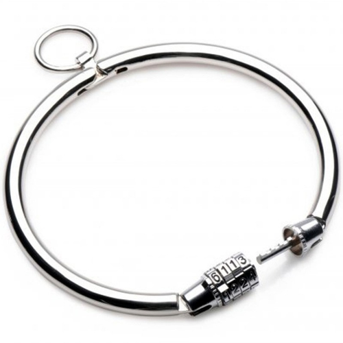 Collier en métal verrouillable avec anneau Metal Hard, collier rigide en acier inoxydable a cadenas a combinaison numerique et anneau frontal pour chaine ou laisse.