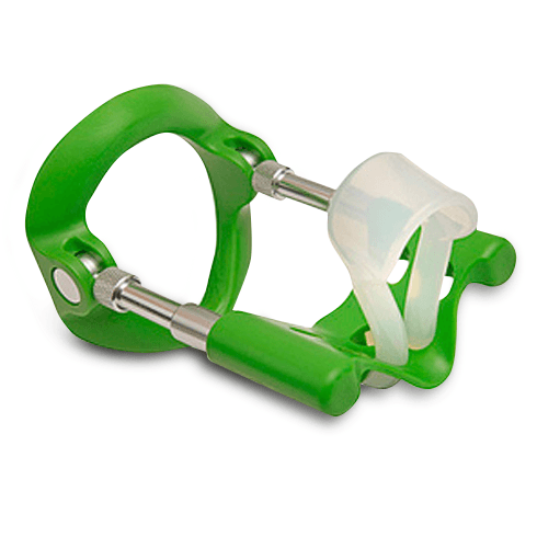Extenseur Andropenis Mini vert vu de profil avec tige en acier inoxydable etendue et support silicone, appareil de traction prescrit pour micro penis de moins de 8 cm