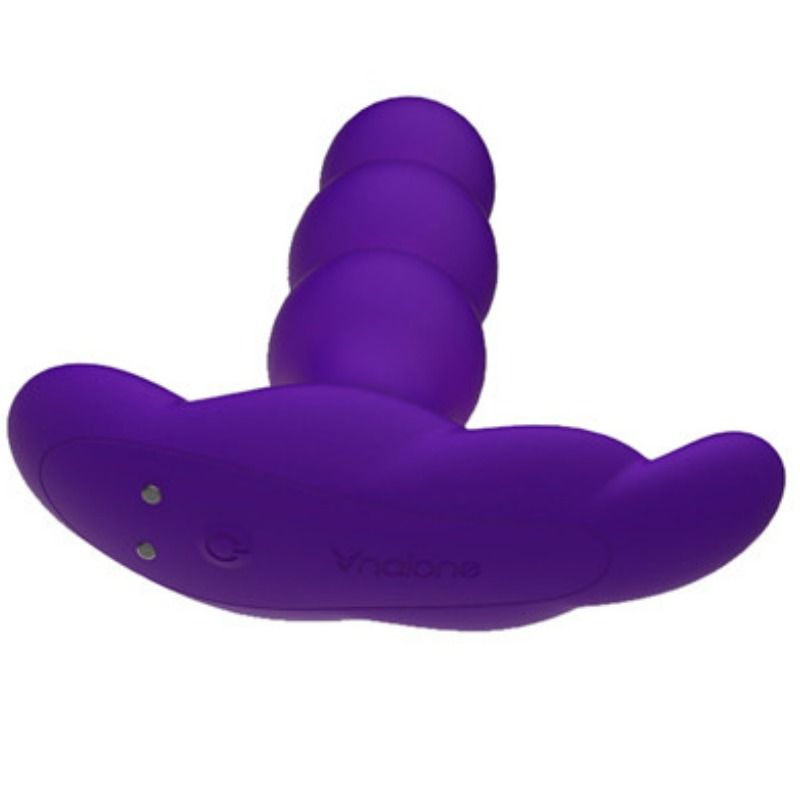 Plug anal Nalone violet a l'horizontale : tige a billes graduees et large base d'ancrage a boutons en silicone, combinant vibration et rotation a distance.