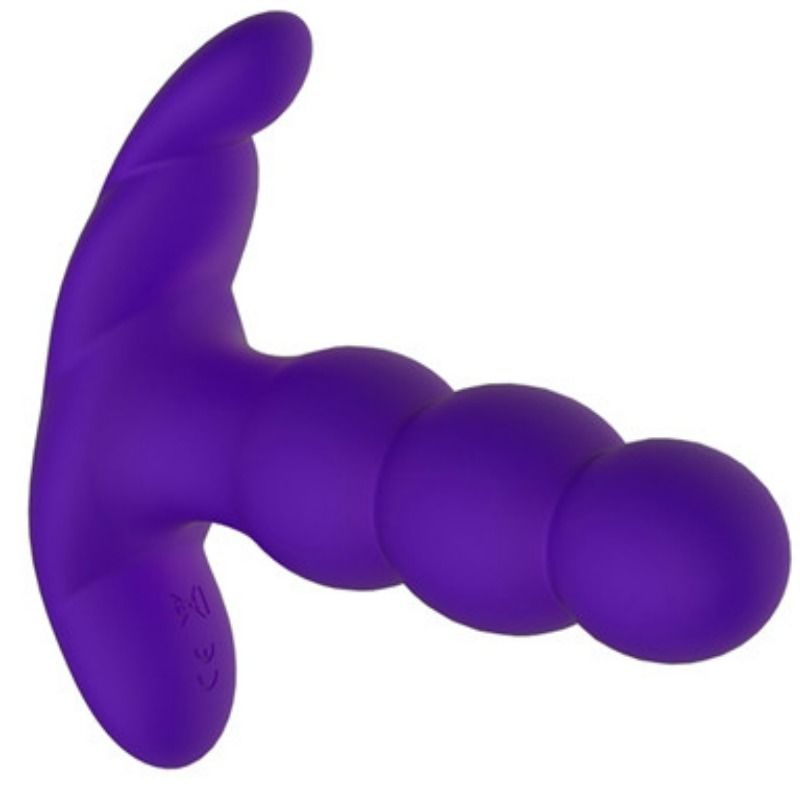 Plug anal vibrant Nalone violet vu de trois quarts : empilement de billes et base papillon stabilisatrice en silicone, 7 modes de vibration et de rotation.